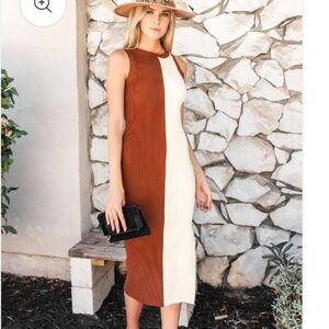 NWT Hope Horizon Cream and Brown Colorblock Bodycon Ribbed Midi Dress size Small